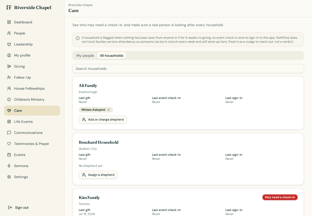 FaithFlow Care dashboard with household care records and shepherd assignments