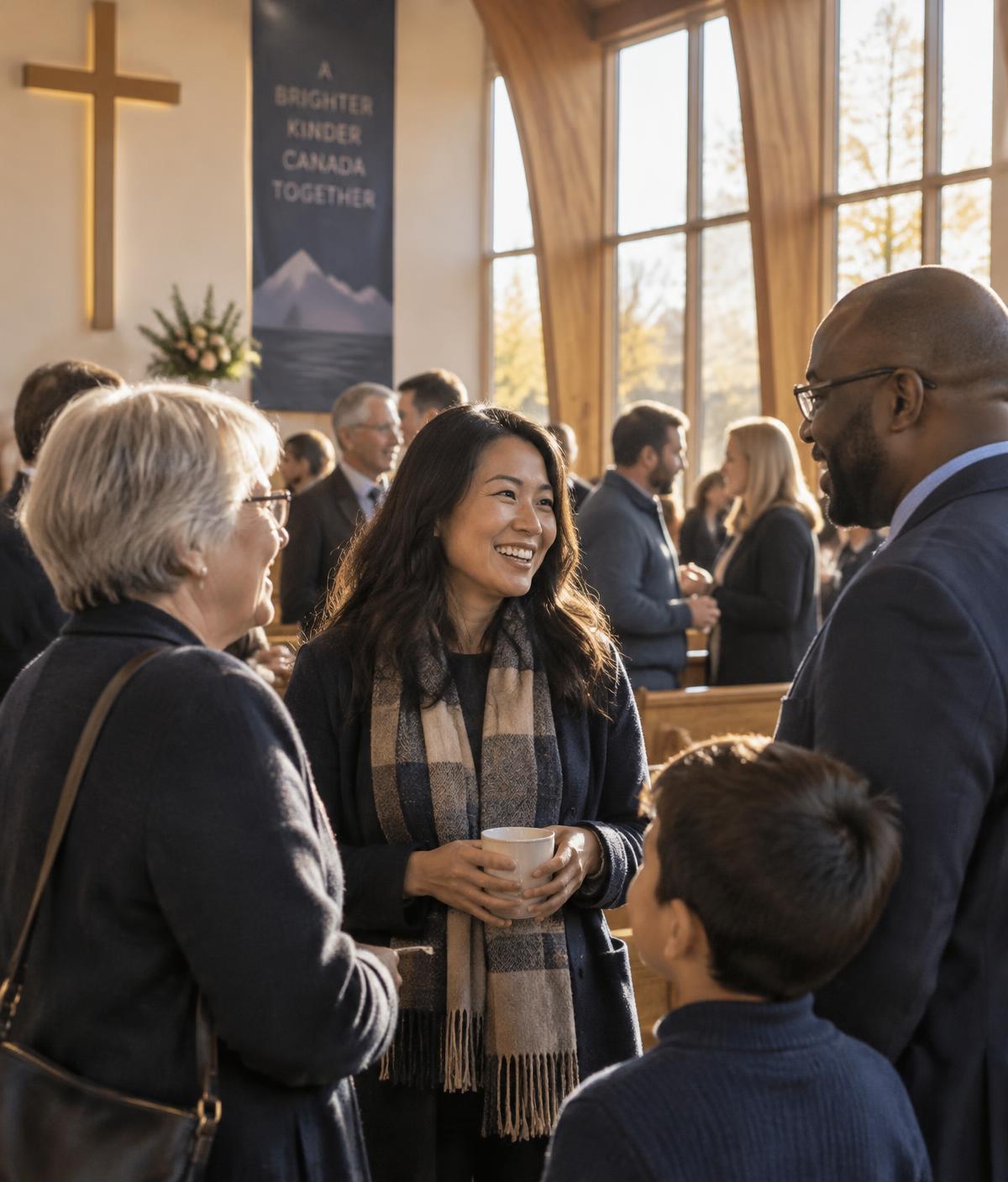 Members of a Canadian congregation talking together after a Sunday service